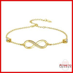 925 Sterling Silver 14K Gold Plated Infinity Heart Anklet 9"+2" Extend